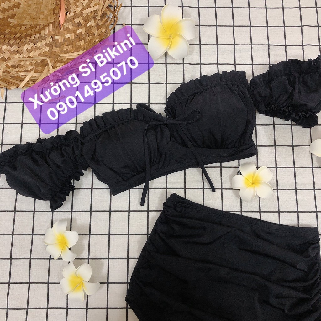 [ĐỒ BƠI LƯNG CAO] Bikini 2 mảnh áo TAY CON mix quần nhún cạp cao che bụng kín đáo
