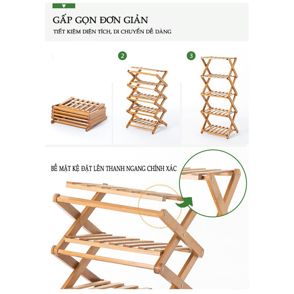 Kệ giày đa năng nhiều tầng gỗ tre FOLDEN gấp gọn phong cách Hàn Quốc 3,4,5,6 tầng không cần lắp đặt sử dụng luôn