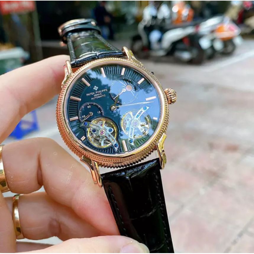 Đồng hồ Nam P.898 2 tim máy nhật, mặt đen viền vàng, dòng cơ Automatic size 42mm