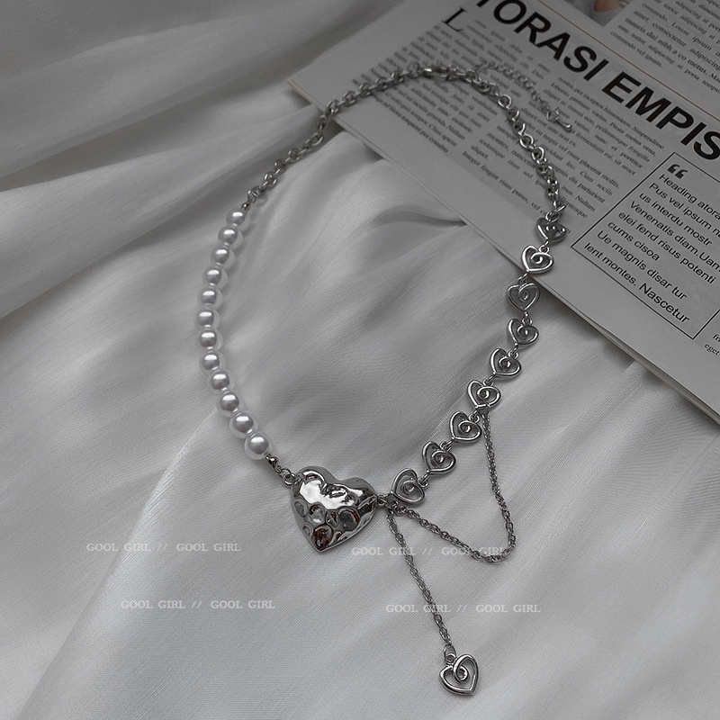Vòng cổ kim loại mặt trái tim đính ngọc trai thời trang cho nữ