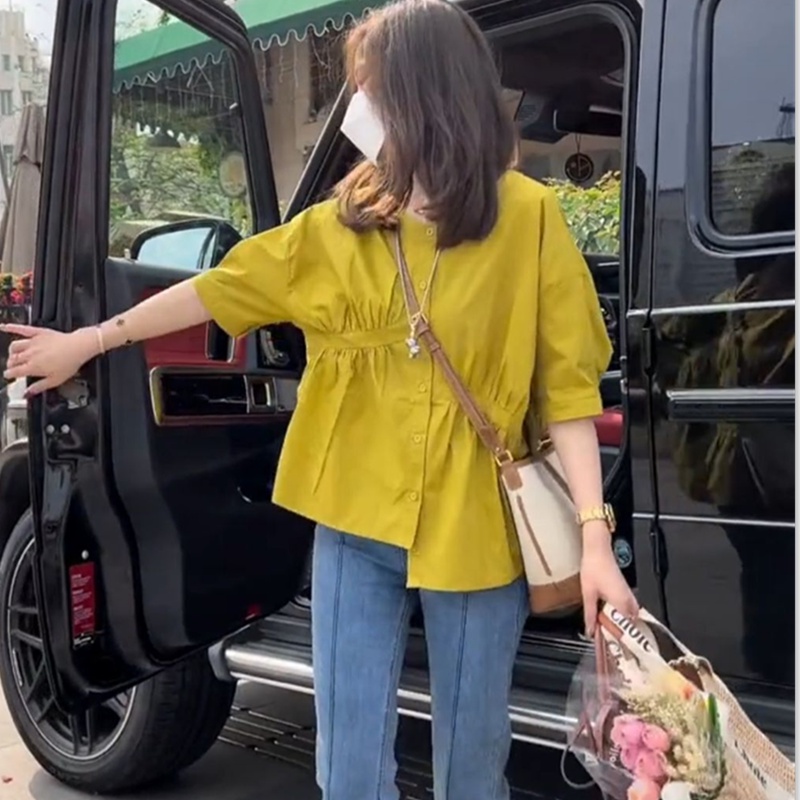 Linki ❀ Áo Sơ Mi Cổ Tròn Dáng Rộng Xếp Ly Bất Đối Xứng Màu Sắc Đơn Giản Phong Cách Hàn Quốc Cho Nữ