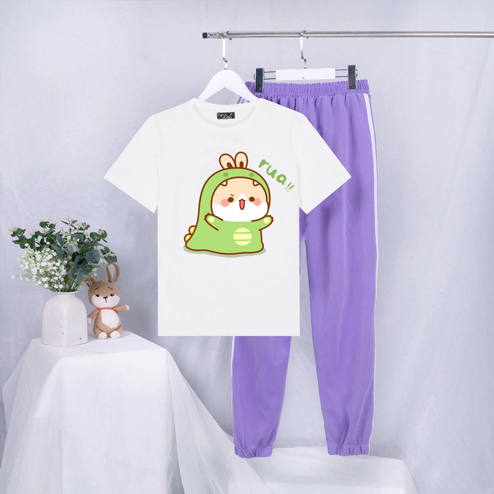 Sét áo phông Rua xanh + quần 2 sọc chun gấu nhiều màu HARIQUEEN