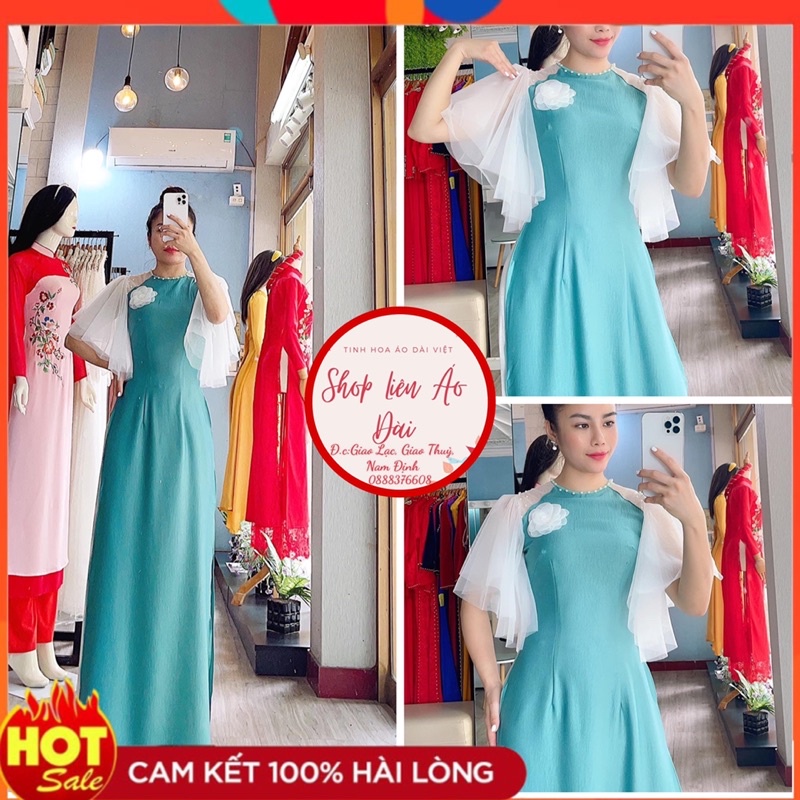 Áo dài xanh thiết kế đính bông nhẹ nhàng, tay cánh tiên phối von, chất vải lụa Tây thi, 2 tà xinh