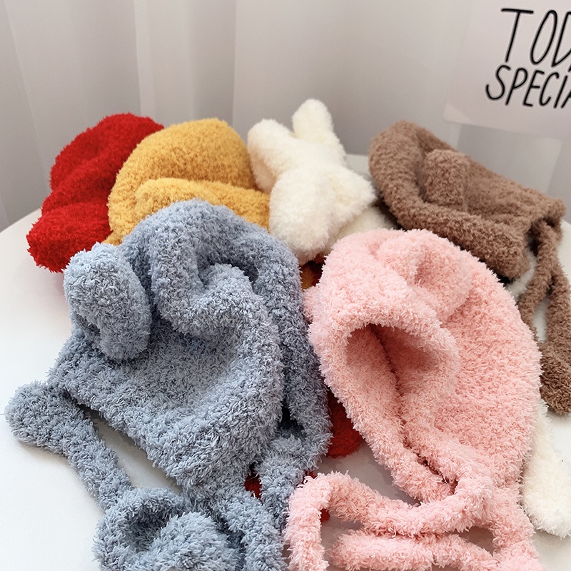Nón Beanie Vải Lông Mềm Mại Hình Tai Thỏ Đáng Yêu Thời Trang Mùa Đông Cho Bé