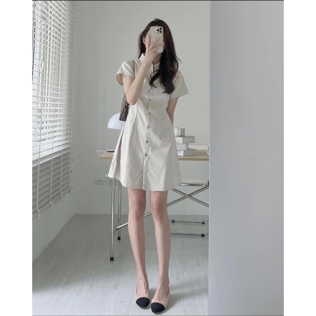Váy sơ mi chun lưng cúc gỗ dáng chữ A xoè đi chơi đi làm siêu đẹp