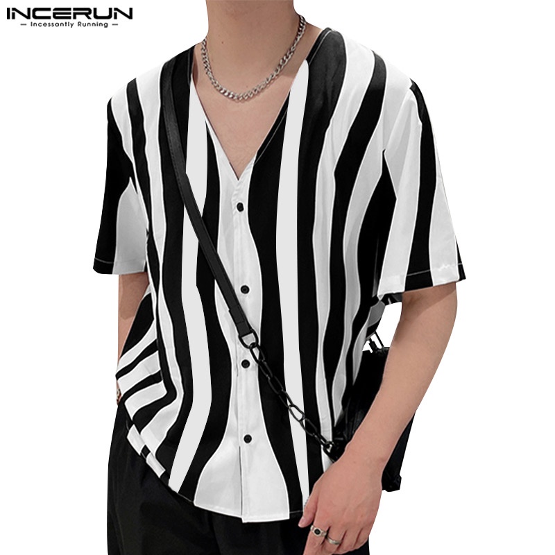 Áo sơ mi INCERUN tay lửng họa tiết kẻ sọc thời trang cho nam
