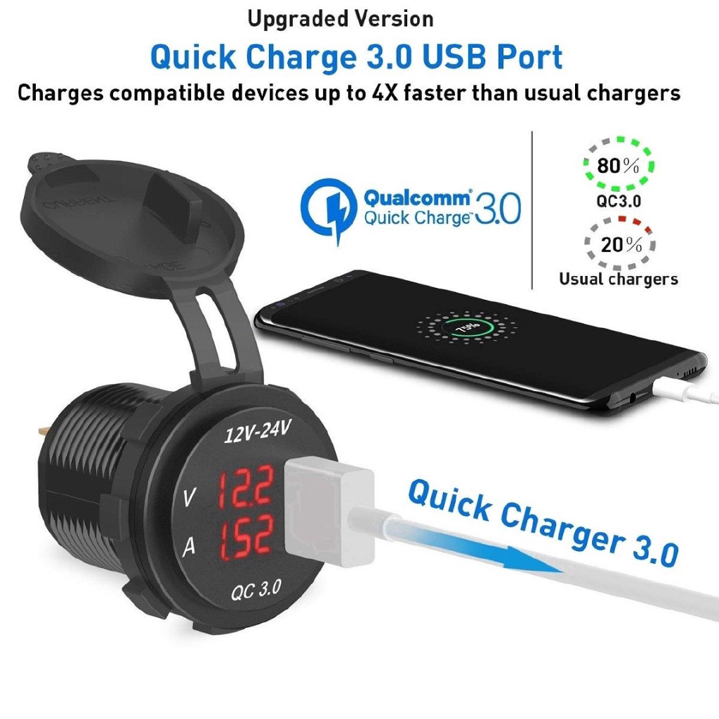 Tẩu sạc USB QC3.0 chuyển đổi nguồn điện màn hình LCD LED cho xe hơi