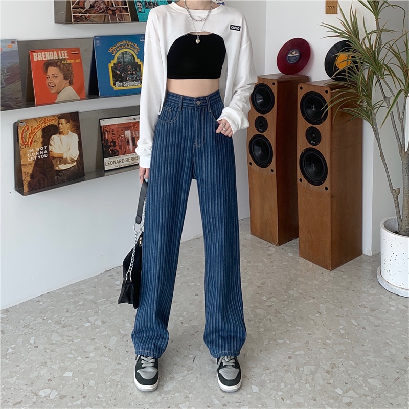 Quần jean nữ ống rộng lưng cao kẻ sọc phong cách Hàn Quốc