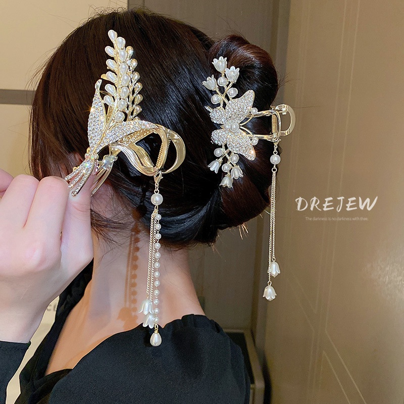 DREJEW Kẹp Tóc Tua Rua Hình Bướm Đính Đá Ngọc Trai Sang Trọng Phong Cách Nhật Hàn Cho Nữ