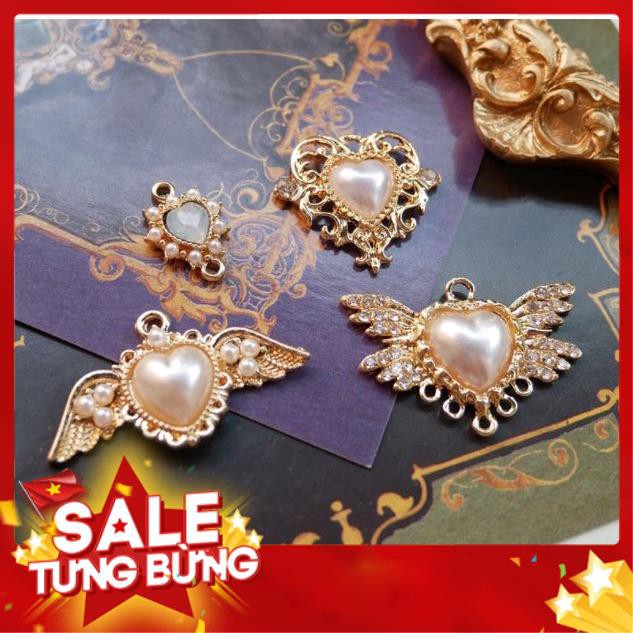 ⚡Rẻ vô địch⚡ Mặt dây chuyền, charm kim loại đính đá hình trái tim, chữ thập làm nguyên liệu, phụ kiện handmade - vnxk
