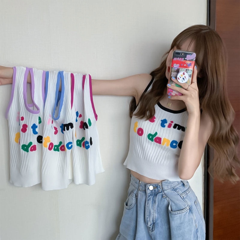 [L2M] Áo len nữ Montoghi dệt kim THÊU CHỮ NỔI Quảng Châu hai dây dáng ôm nhiều màu sắc cực kute