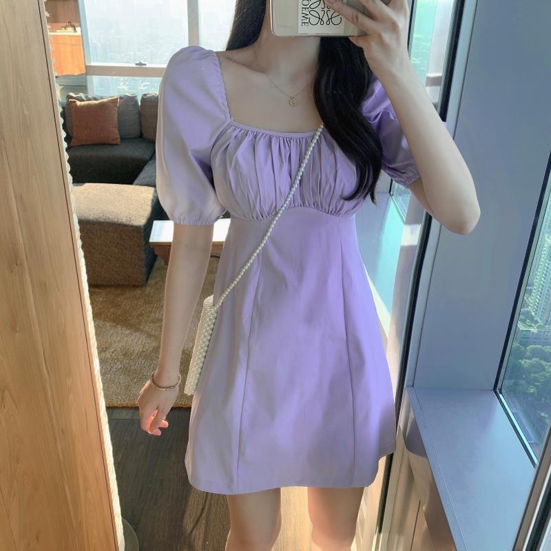 [MURIOKI] Đầm Dáng Chữ A Tay Phồng Cổ Vuông Màu Trắng / Tím Phong Cách Pháp Tinh Tế Thời Trang Cho Nữ