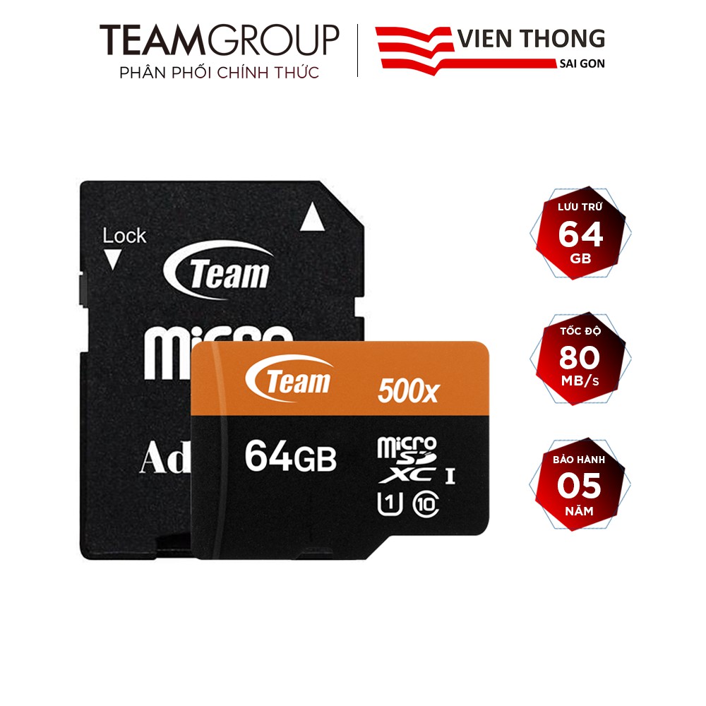 Thẻ nhớ microSDHC Team 64GB upto 80MB/s 500x kèm Adapter (Đen cam)