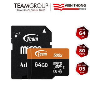 Thẻ nhớ microSDHC Team 64GB upto 80MB s 500x kèm Adapter (Đen cam) thumbnail