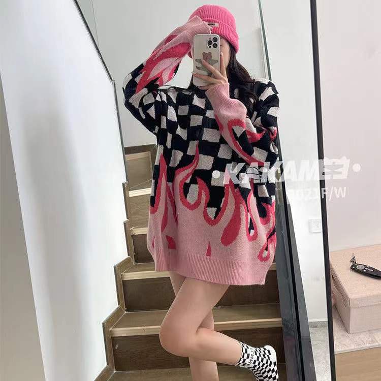 Áo sweater Dệt Kim Dáng Rộng In Hình Ngọn Lửa Phong Cách Hàn Quốc Thời Trang Thu Đông Cho Học Sinh
