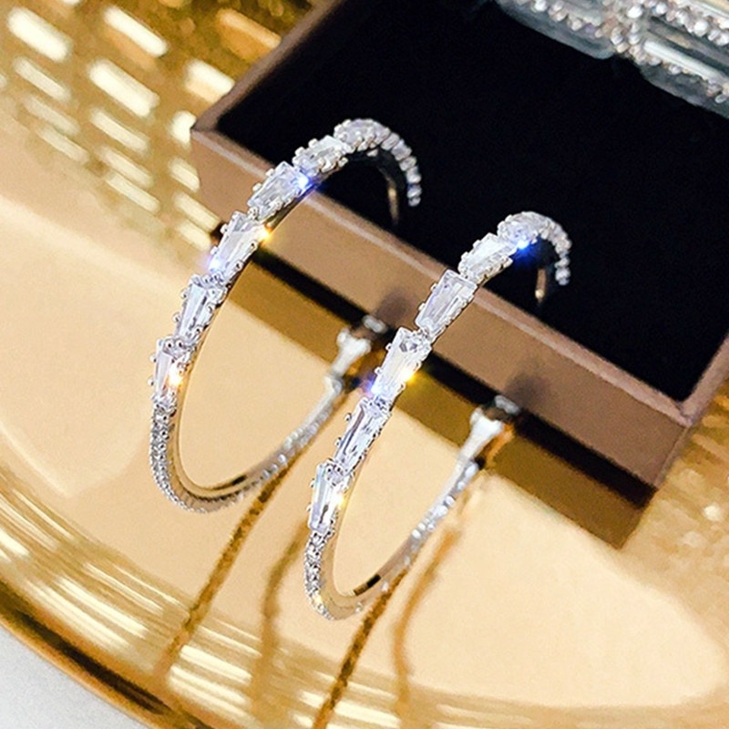 Bông Tai Mạ Bạc 925 Hình Tròn Đính Đá Zircon Thời Trang Cho Nữ