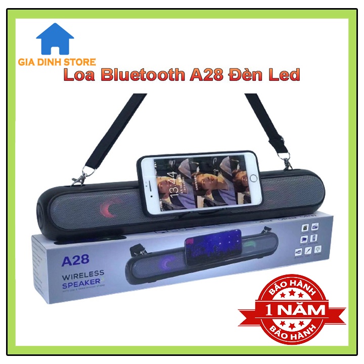 Loa bluetooth A28/A36 dáng dài âm thanh 3D,LED nháy theo nhạc, có giá đỡ điện thoại, dây đeo mang đi xa