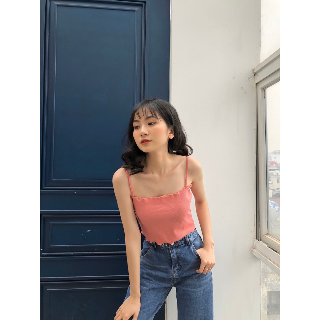 ÁO 2 DÂY LEN TĂM VIỀN BÈO VÀNG TÍM HỒNG ĐEN TRẮNG - CROPTOP CUỐN BIÊN ULZZANG | BigBuy360 - bigbuy360.vn
