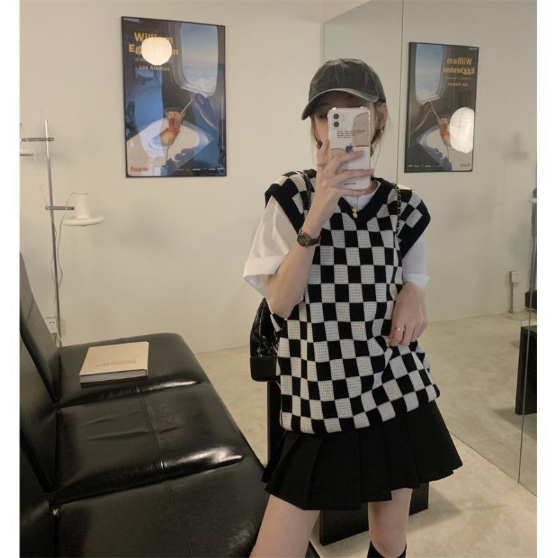 Áo Len Không Tay Cổ Chữ V Dáng Rộng Họa Tiết Caro Kiểu Hàn Quốc Thời Trang Mùa Hè Mới 2021 Cho Nữ