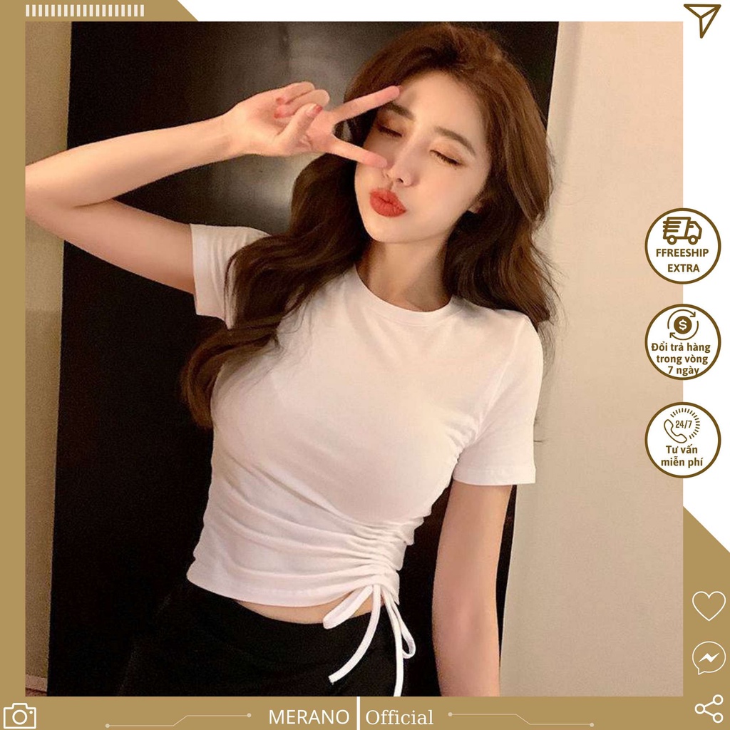 Áo thun croptop nữ rút dây, áo phông ngắn tay cổ tròn dáng ôm body cực đẹp