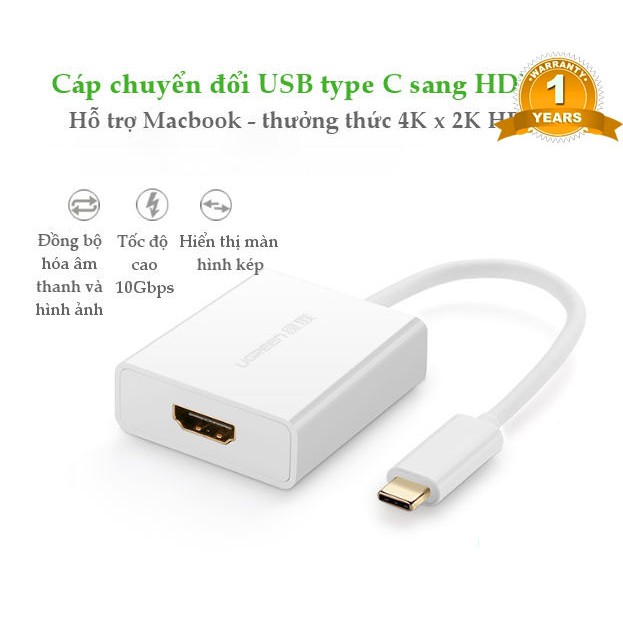 Cáp chuyển USB-C to HDMI hỗ trợ 4K 2K (trắng) Ugreen 40273