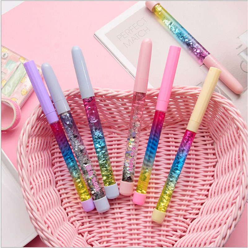 Bút viết mực gel ngòi 0.5mm thiết kế kim tuyến lỏng màu cầu vồng long lanh
