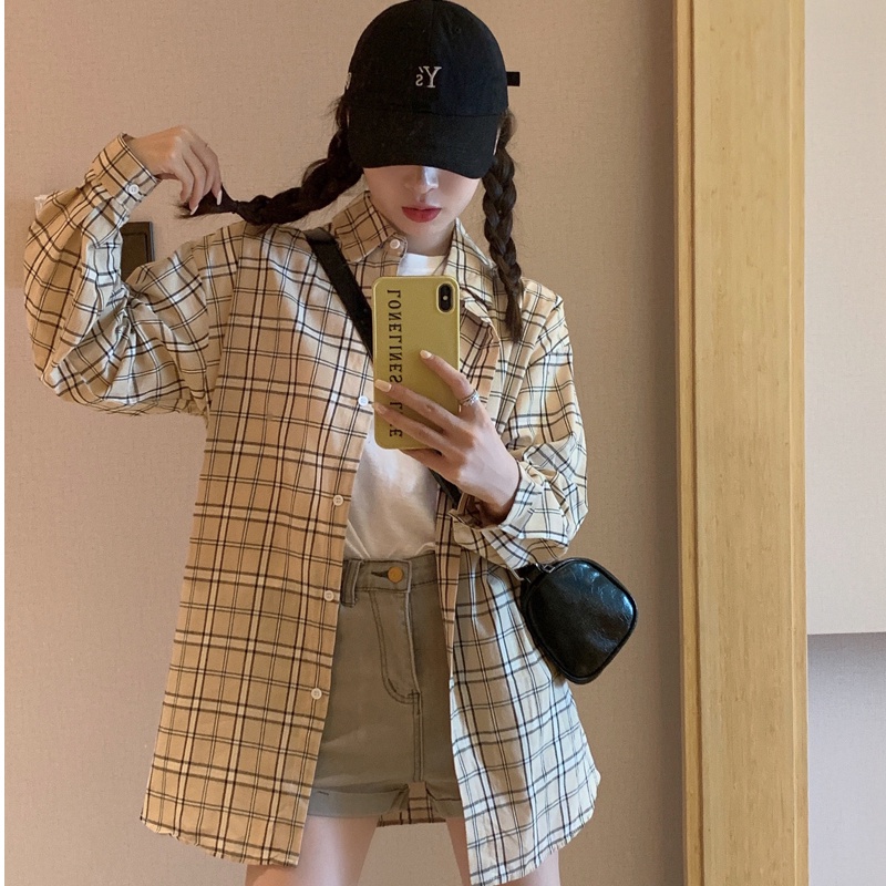 SUXI Áo Sơ Mi Tay Dài Dáng Rộng Kiểu Hàn Quốc Họa Tiết Sọc Caro Cá Tính