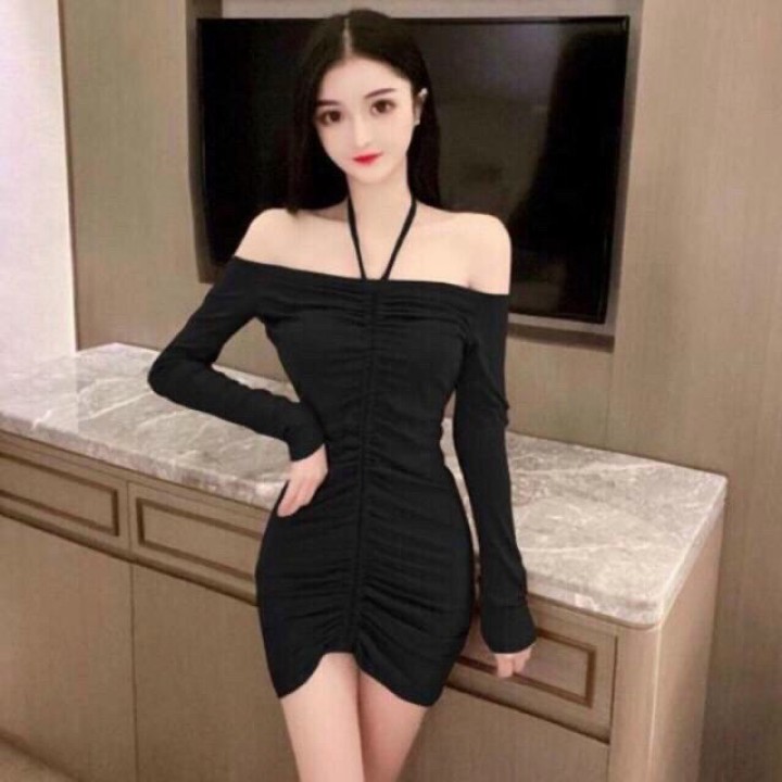 Đầm body thun borip rút dây thắt nơ cổ
