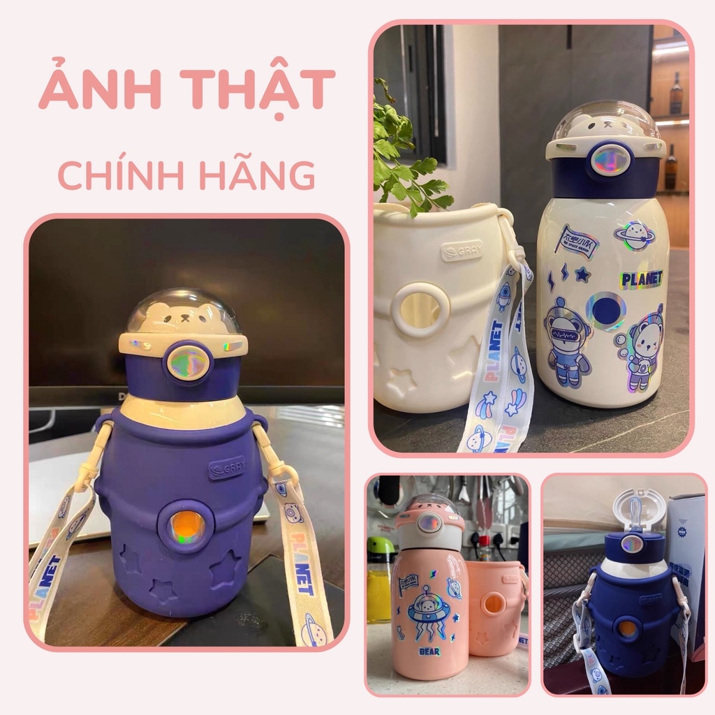 Bình nước giữ nhiệt cho bé 500ml phi hành gia cute có ống hút mini, bình inox 316 khắc tên
