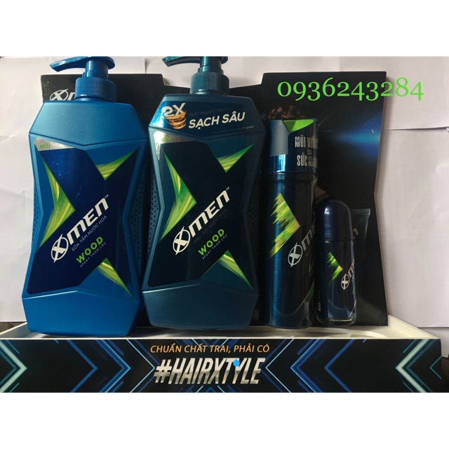 Combo dầu gội nước hoa xmen 650ml+ sữa tắm nước hoa xmen 660ml+ xịt khử mùi toàn thân 150ml+ lăn khử mùi 50ml xmen wood