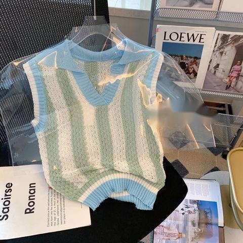 Áo Thun Polo Không Tay Họa Tiết Kẻ Sọc Màu Sắc Tương Phản Thời Trang Mùa Hè Mới Cho Nữ