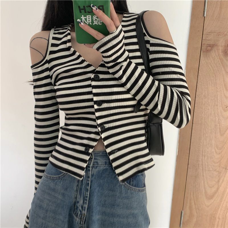 Jiashucheng Áo Dệt Kim Trễ Vai Cổ Chữ V Họa Tiết Kẻ Sọc Thời Trang Hè Thu Phong Cách Mới Cho Nữ
