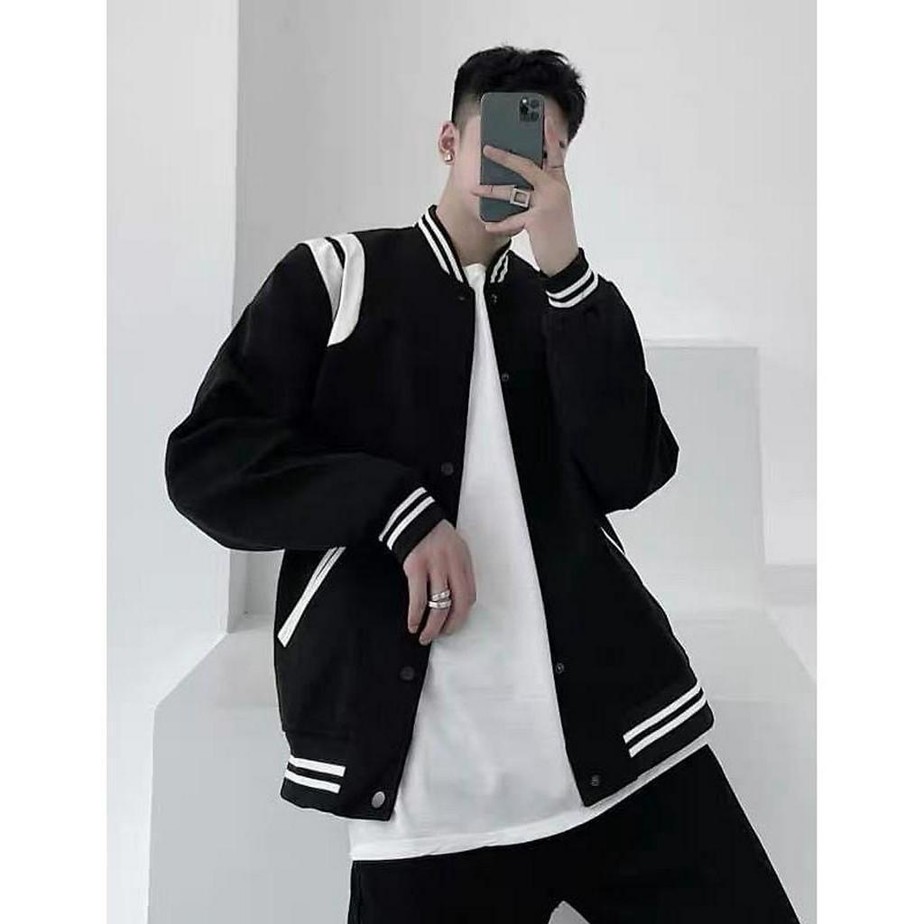 Áo bomber sọc vai Đóng Nút - Khoác Nam Nữ Màu Đen Chất Vải Nỉ