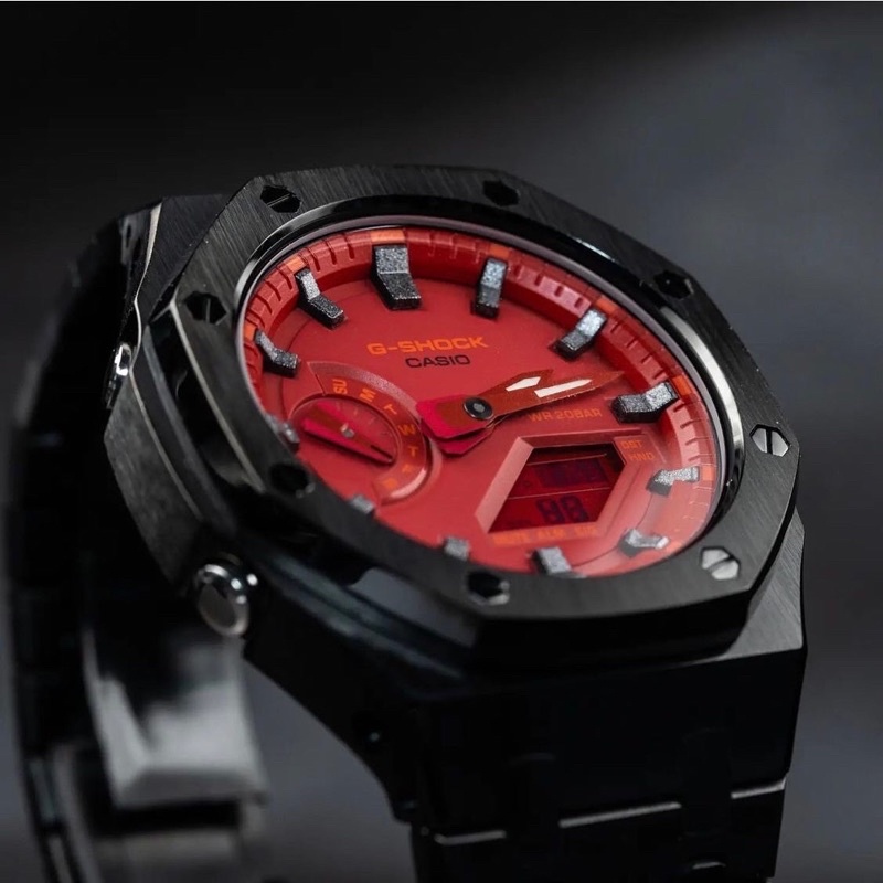 đồng hồ nam casio G-shock Ga-2100-4a custom vỏ thép đen_dây thép đen_cọc số bạc