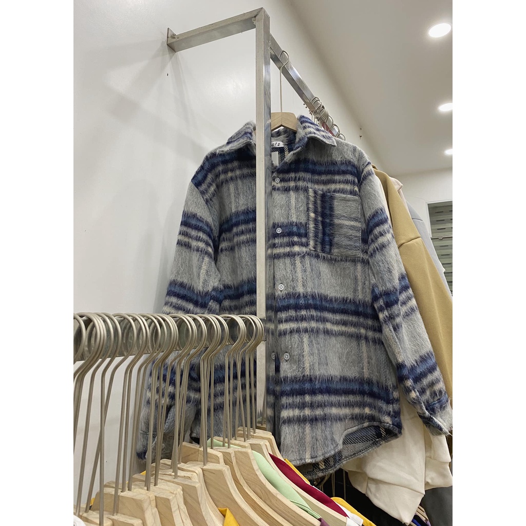 Áo Dạ Tweed Cổ Bẻ Form Rộng Siêu Sang Chảnh, Áo Sơ Mi Dạ Kẻ Xanh