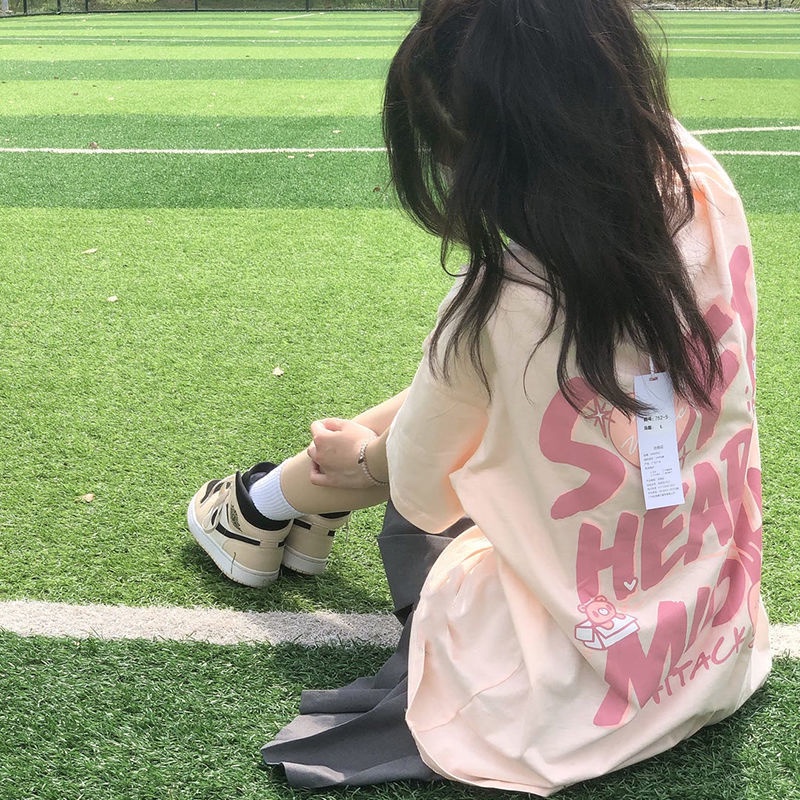 JSC Jiashucheng Áo Thun Ngắn Tay Cổ Tròn Dáng Rộng In Chữ Dòng Ước Ước Mơ Phong Cách Hồng Kông Ngọt Ngào Mùa Hè Cho Nữ