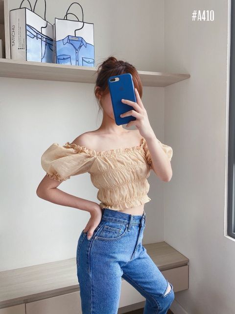 [HÀNG LOẠI 1] Áo Croptop Nhún Ánh Kim Bẹt Vai Tay Bồng