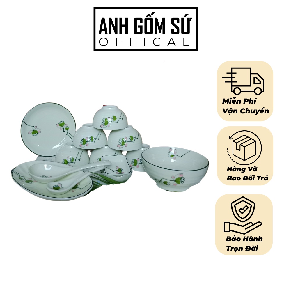 Bộ bát đĩa sứ Bát Tràng, bộ chén dĩa men kem họa tiết đài sen cao cấp 13 chi tiết, bán lẽ từng món