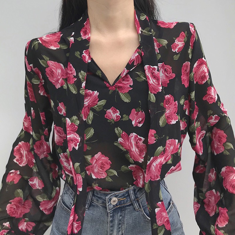 Áo Chiffon Nữ Tay Dài Cổ Chữ V In Hoa Gợi Cảm