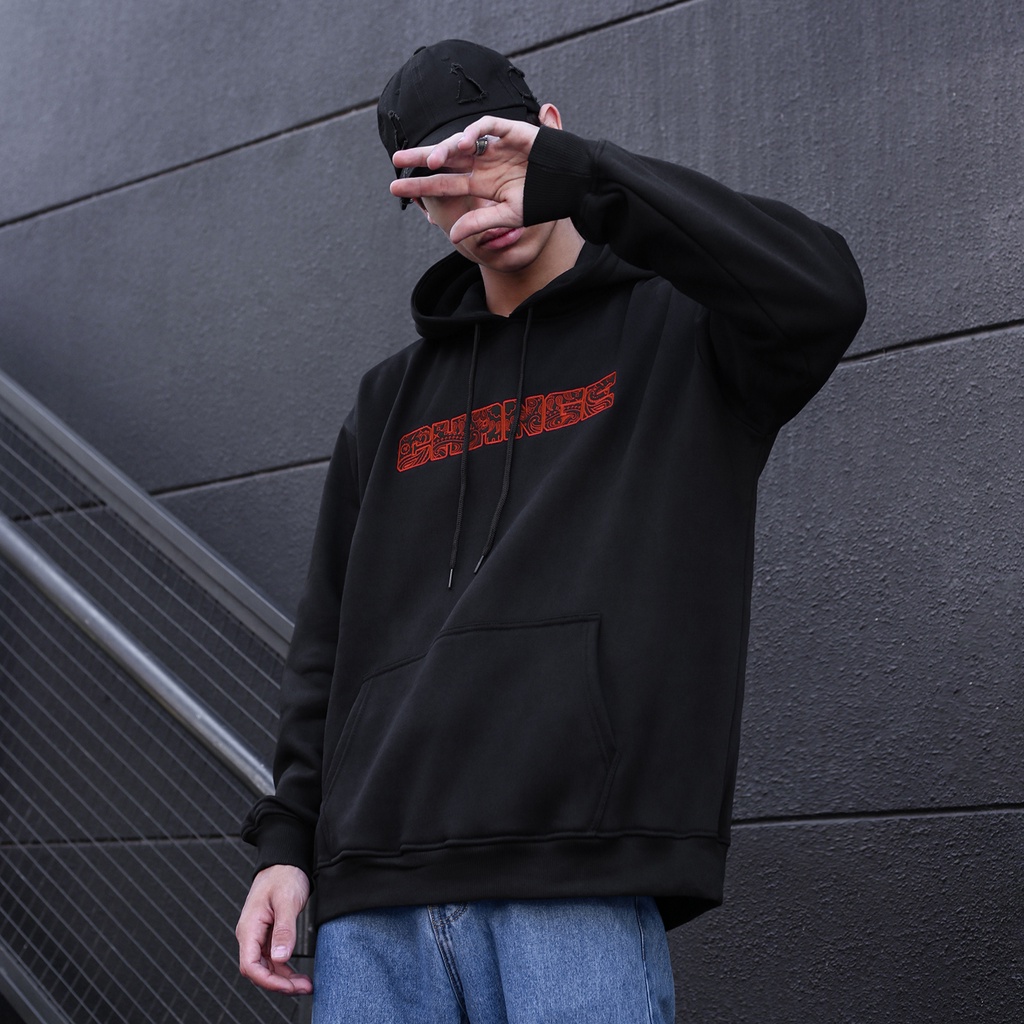 Áo Hoodie Thêu Chữ Change-Họa Tiết Bandana Màu Đen Chất Liệu Vải Nỉ Bông Cotton