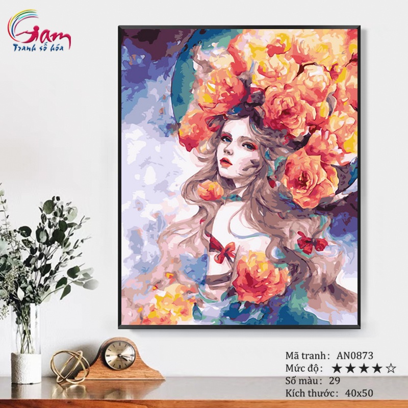Tranh sơn dầu số hóa tự tô màu theo số Gam Cô Gái Nàng Thơ và Hoa AN0873