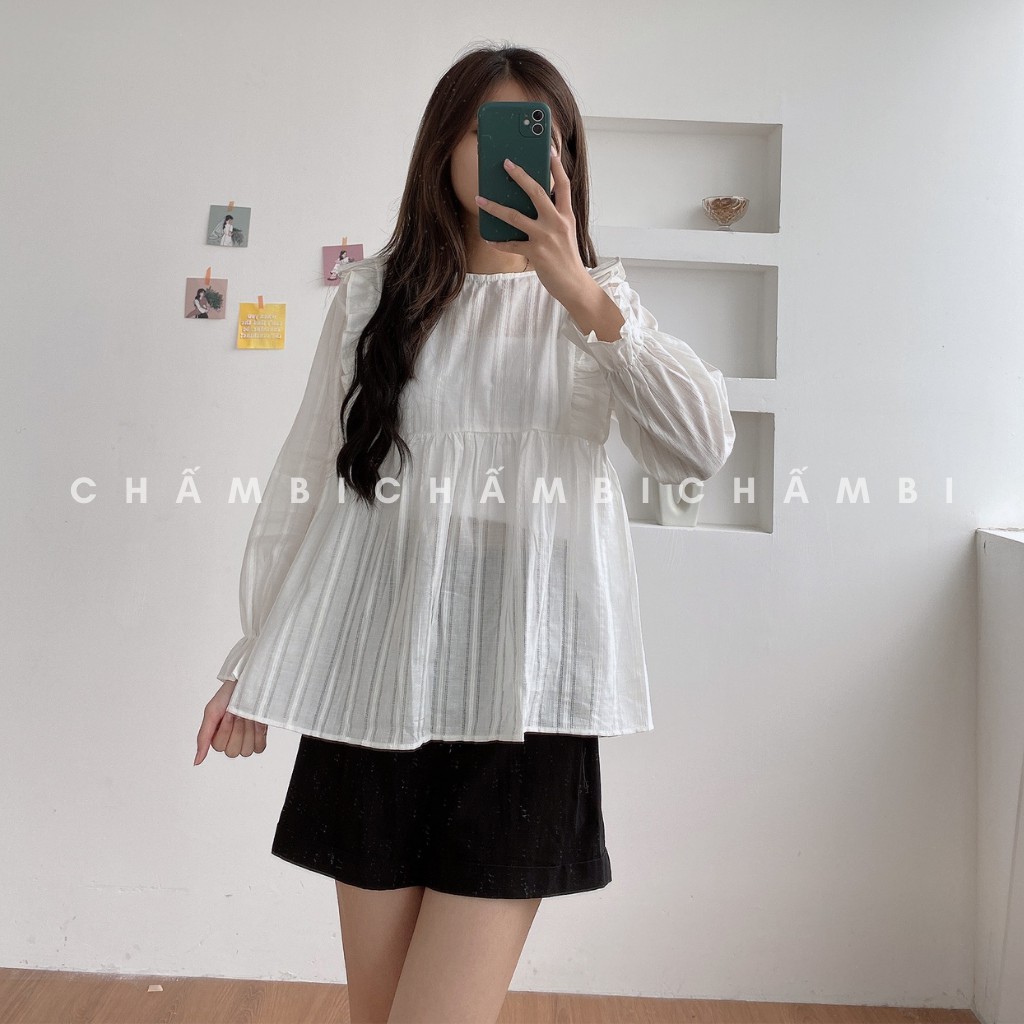 [SALE] Áo Babydoll Cổ Tròn Bèo Ngực Chất Thô Đũi Tay Lỡ Freesize<52kg - A.156