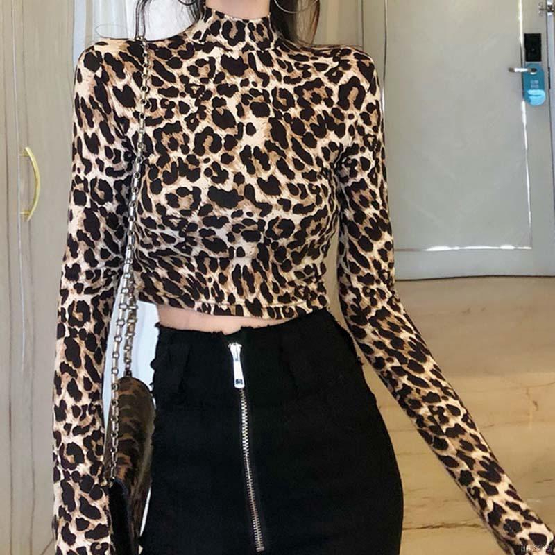 Áo Croptop Cổ Lọ Tay Dài Hoạ Tiết Da Báo Ôm Dáng Gợi Cảm Cho Nữ