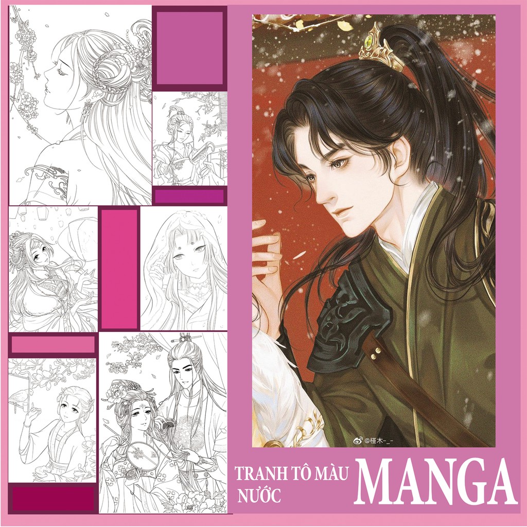 Lẻ Tranh tô màu nước Manga, Manhua khổ a4- chất giấy dày,sần. Nhận ship từ 5 tờ.