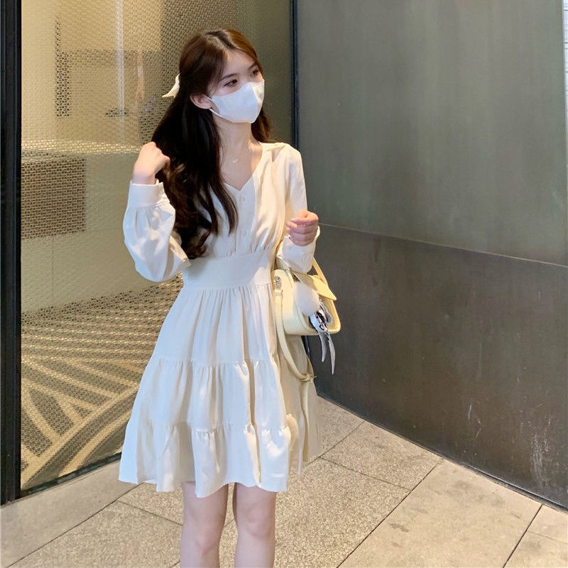 Đầm Tay Dài Cổ Chữ V Thiết Kế Mới Thời Trang Theo Phong Cách Pháp