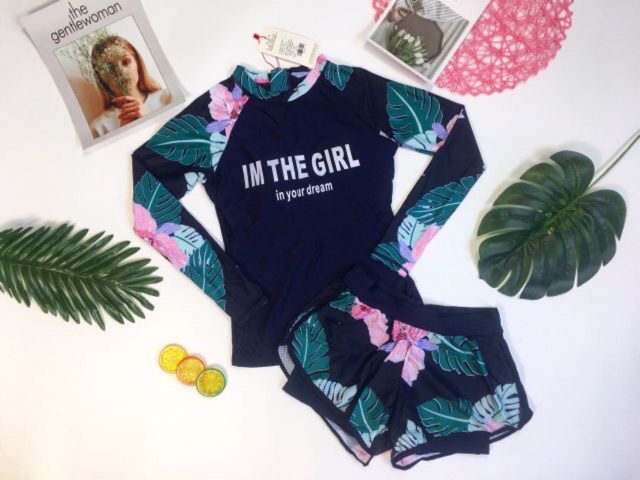 Bikini tay dài quần đùi hoa xanh