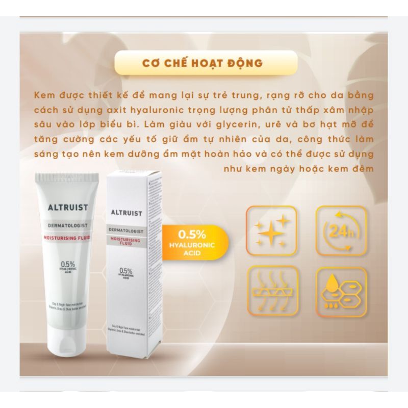 Kem dưỡng Altruist Dermatologist Moisturising Fluid 0.5% Hyaluronic acid dưỡng ẩm phục hồi thanh lý