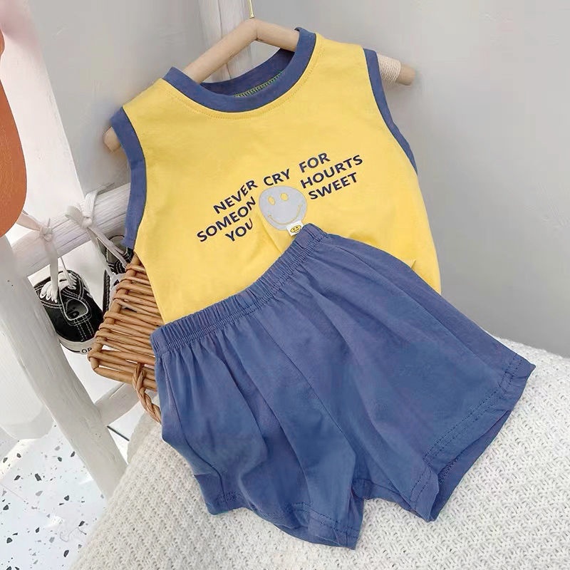 Bộ đồ 2 mảnh gồm áo thun tay ngắn và quần đùi 100% cotton thời trang mùa hè phong cách Hàn Quốc dành cho trẻ em