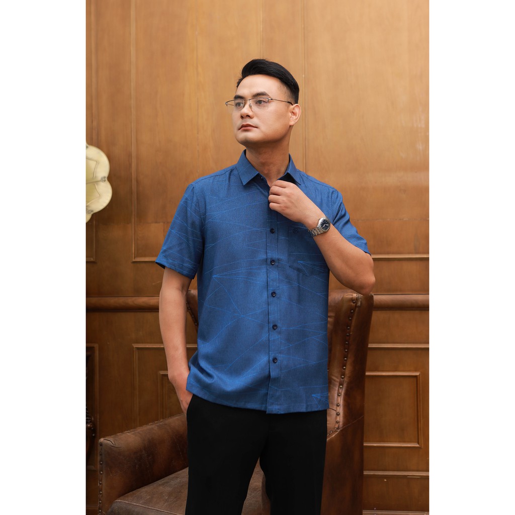 [HÀNG VIỆT NAM] Áo sơ mi Nam  thương hiệu Anton trung tuổi cộc tay vải sợi tre màu xanh sẫm họa tiết chìm – GD615 | BigBuy360 - bigbuy360.vn