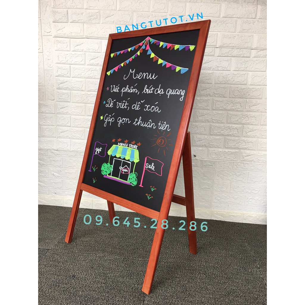 Bảng đen chân gỗ gấp 60 x120cm - Bảng menu nhà hàng cafe (Tặng bút dạ quang, hộp phấn màu)